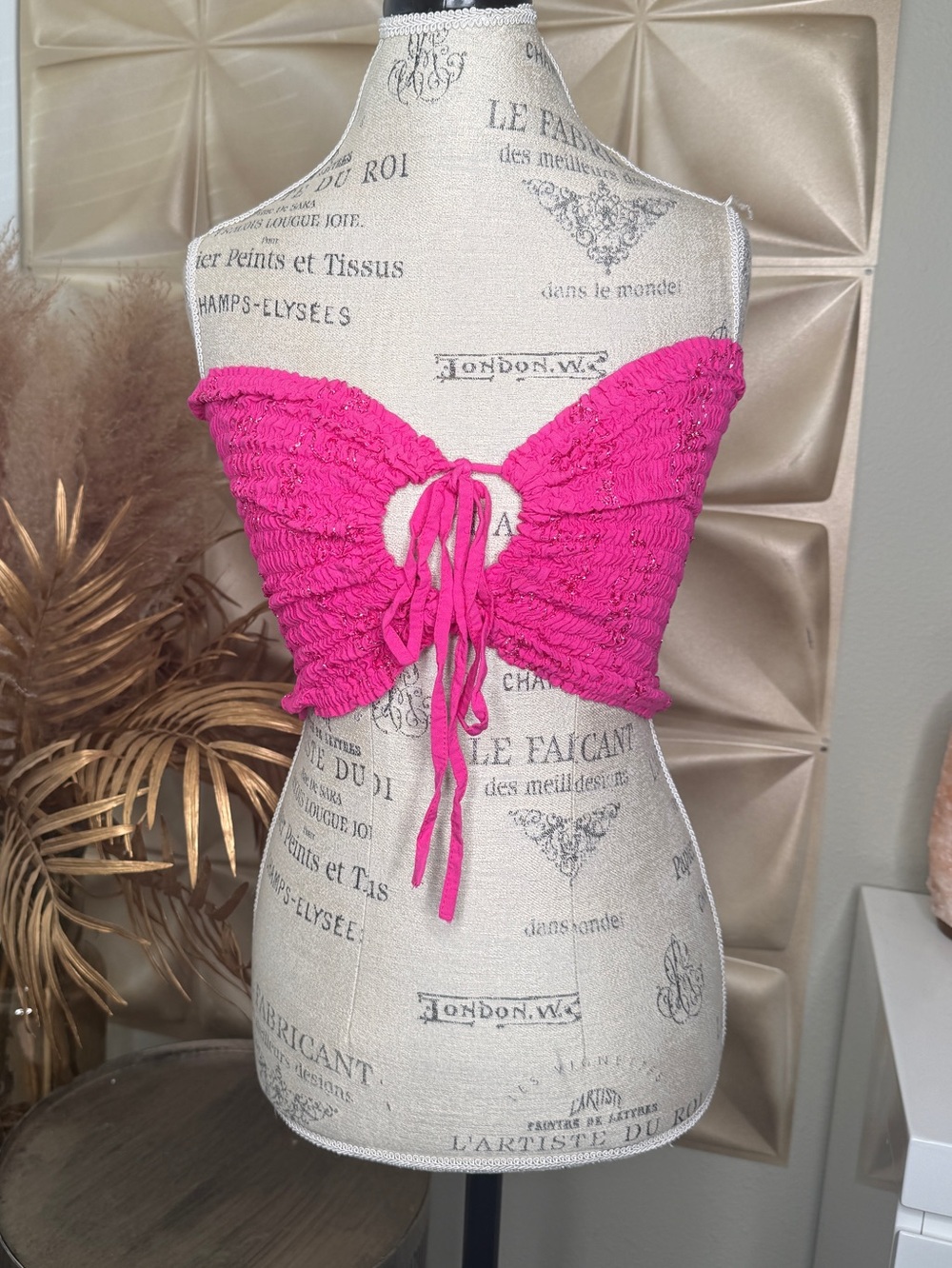 Fuchsia Tie-Front Smocked Tube Top
